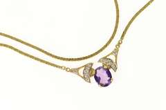 14K Yellow Gold Oval Amethyst Diamond Chevron Square Chain Necklace