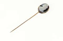 14K Yellow Gold Carved Black Agate Cameo Oval Ornate Stick Pin
