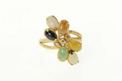14K Yellow Gold Multi Colored Jade Diamond Cluster Bypass Ring