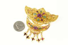 22K Yellow Gold Elaborate Thai Ruby Emerald Fringe Pin/Brooch