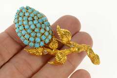 18K Yellow Gold Pave Turquoise Flower Motif Diamond Pin/Brooch