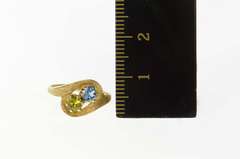 10K Yellow Gold 1960's Blue Topaz Peridot Textured Bypass Ring