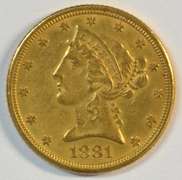 Sharp 1881 US $5 Liberty Gold Piece. Full strike