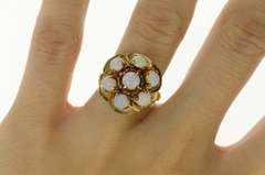 14K Yellow Gold Retro Opal Ruby Halo Cluster Cocktail Ring