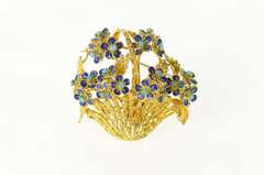 18K Yellow Gold Turquoise Enamel Flower Bouquet Basket Pin/Brooch