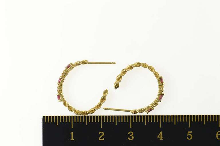14K Yellow Gold Diamond Ruby Rope Chain Semi Hoop Earrings
