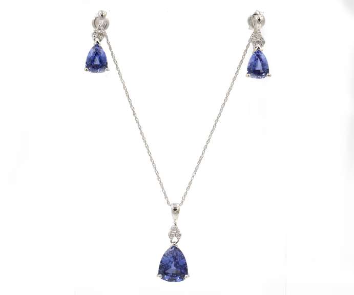 Set of Trillion Tanzanite Earrings and Necklace with Diamonds in 10K