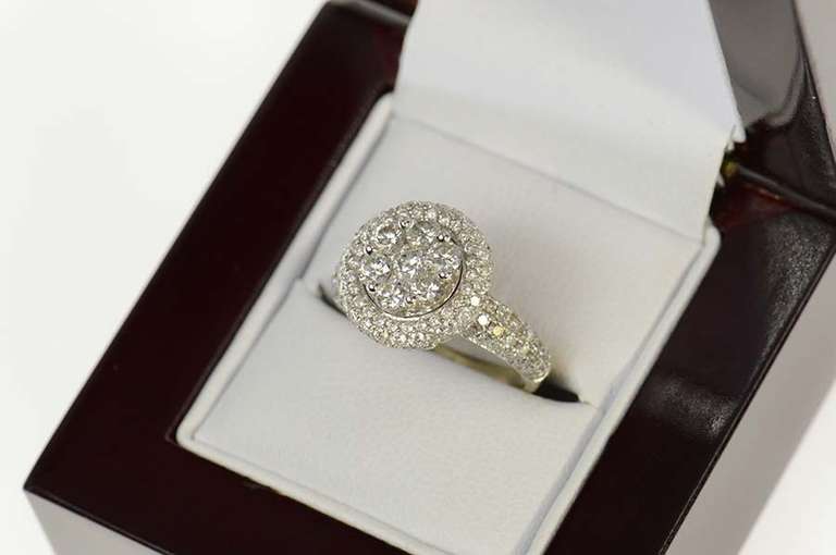 14K White Gold 1.96 Ctw Diamond Halo Pave Engagement Ring