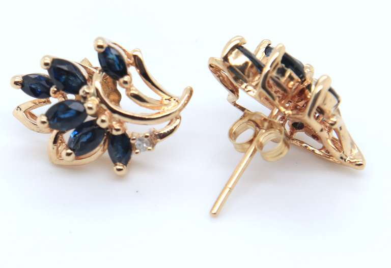Elegant Yellow Gold Sapphire and Diamond Flower Earrings