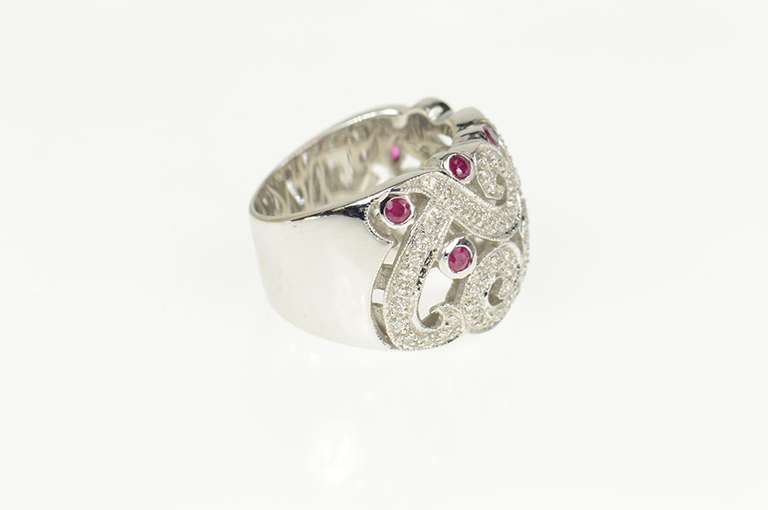 18K White Gold 1.07 Ctw Ruby Diamond Ornate Swirl Statement Ring