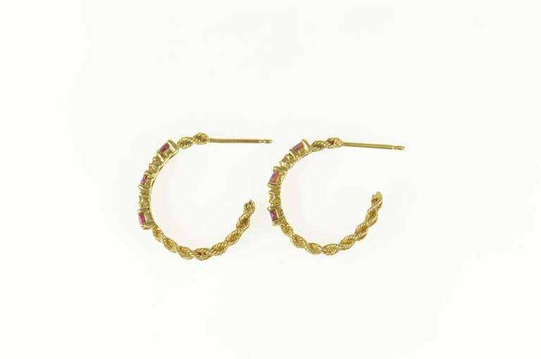 14K Yellow Gold Diamond Ruby Rope Chain Semi Hoop Earrings