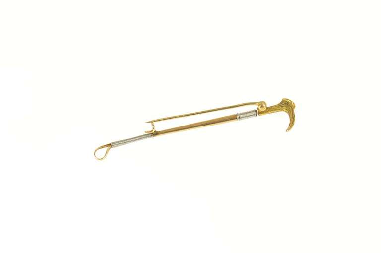 14K Yellow Gold Ornate Carved Antler Handle Riding Crop Pin/Brooch