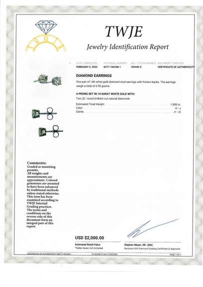 Elegant White Gold 1ctw Diamond Stud Earrings
