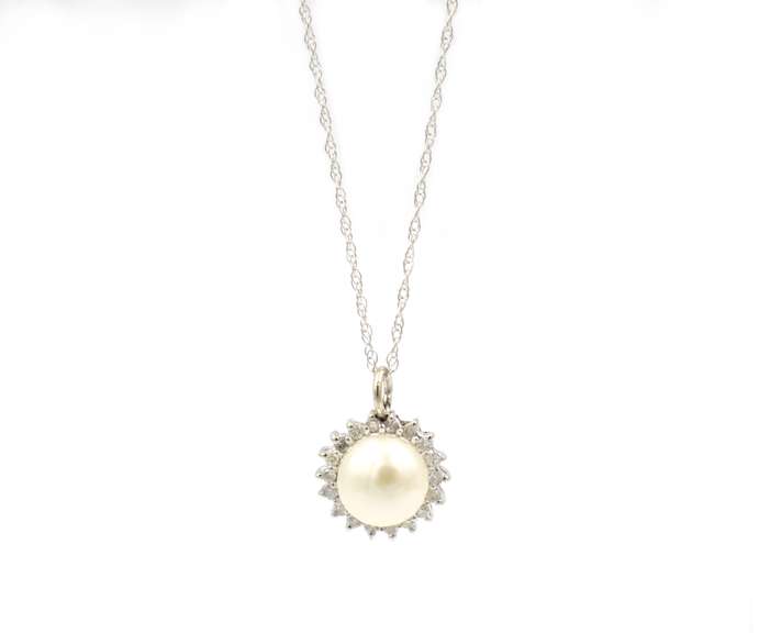 Elegant Pearl & Diamond Halo Pendant Necklace in 14K