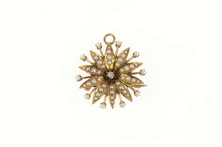 10K Yellow Gold Victorian Ornate Seed Pearl Flower Sun Pendant/Pin