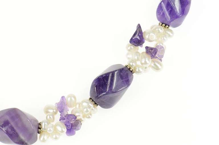 Sterling Silver Amethyst Pearl Beaded Chunky Statement Necklace