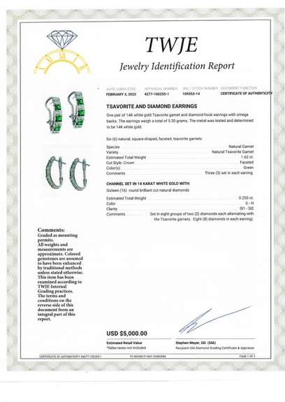 Fantastic White Gold Tsavorite Garnet and Diamond Hook earrings