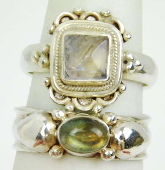 2 Sterling Silver Rings - Moonstone & Labradorite, 8