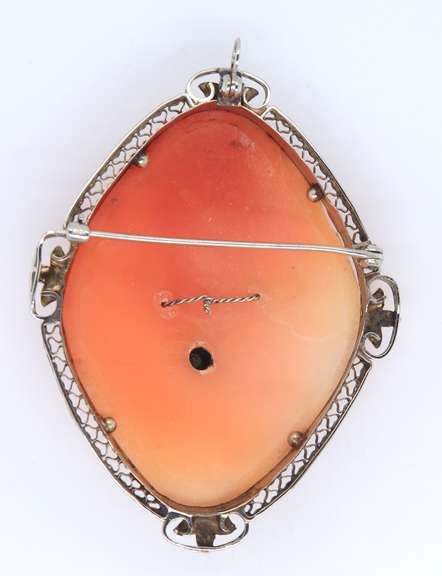 Antique Shell Cameo with Diamond Pendant Brooch