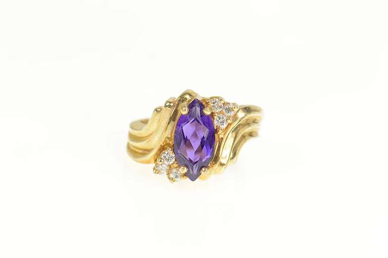 14K Yellow Gold Marquise Amethyst Diamond Cluster Bypass Ring