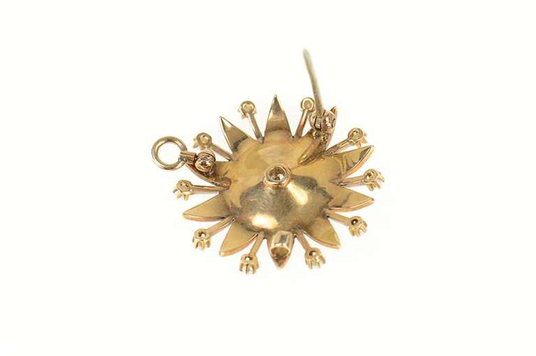 10K Yellow Gold Victorian Ornate Seed Pearl Flower Sun Pendant/Pin