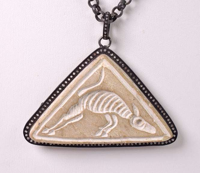 Intricate Carved Animal Agate and Diamond Pendant Necklace in Oxidized Sterling Silver