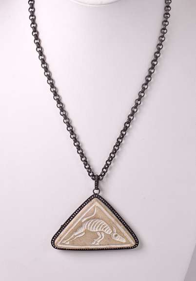 Intricate Carved Animal Agate and Diamond Pendant Necklace in Oxidized Sterling Silver