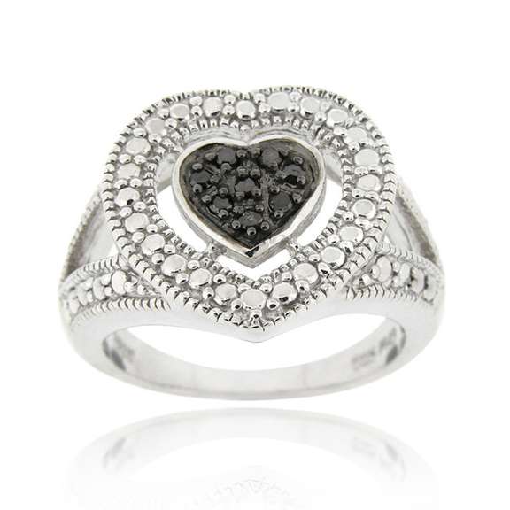 Sterling Silver 1/10ct  Black Diamond Heart Ring