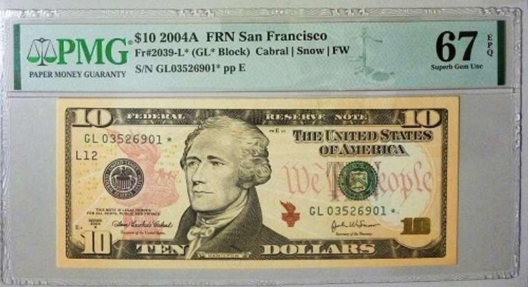 Superb Gem Crisp 2004A $10 Star Note FRB San Francisco PMG 67 EPQ!