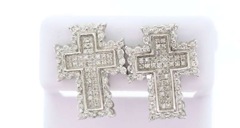 Majestic Diamond Encrusted 14k White Gold Cross Earrings