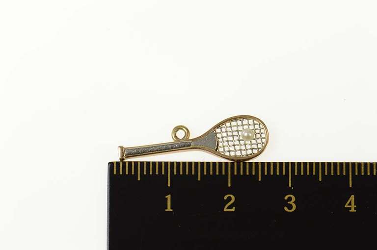 14K Yellow Gold Two Tone Pearl Tennis Racket Raquet Ball Charm/Pendant