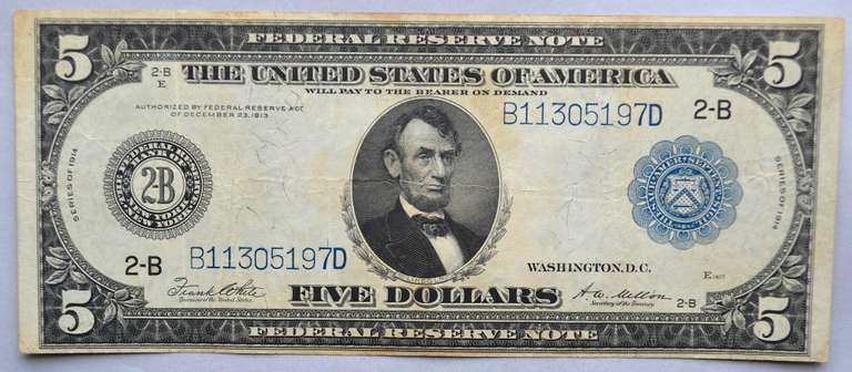 Circulated $5 Series 1914 FRN Landing of Columbus