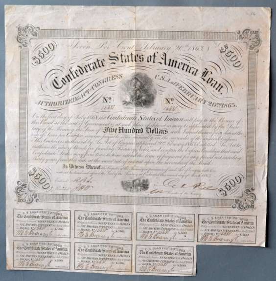 March 2 1863 $500 Confederate States Of America Coupon Bond
