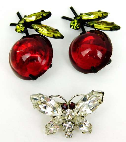 3 Vintage Austrian Pins, Cherries & Butterfly