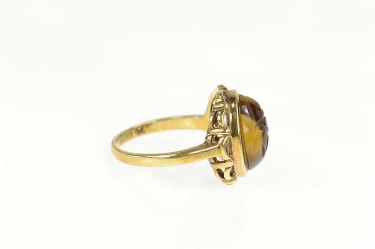 10K Yellow Gold Oval Carved Tiger's Eye Scarab Statement Ring