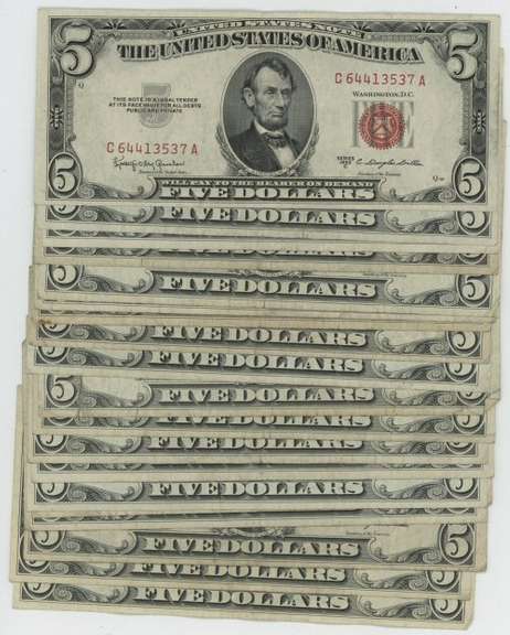 20 Series of 1963 Small Size $5 Red Seal notes