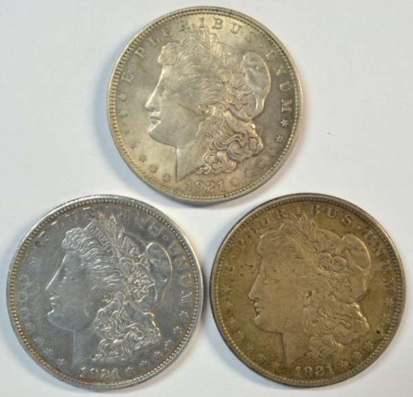 1921 P-D-S Morgan Silver Dollars. Last year of issue