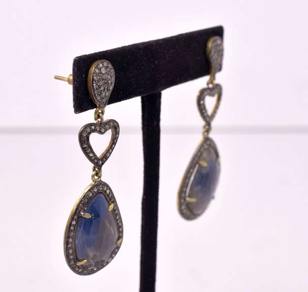 Ravishing Pair of 13.79CTW Rare Gray & Blue Sapphire & Diamond Earrings in Gold Plated Sterling Silver