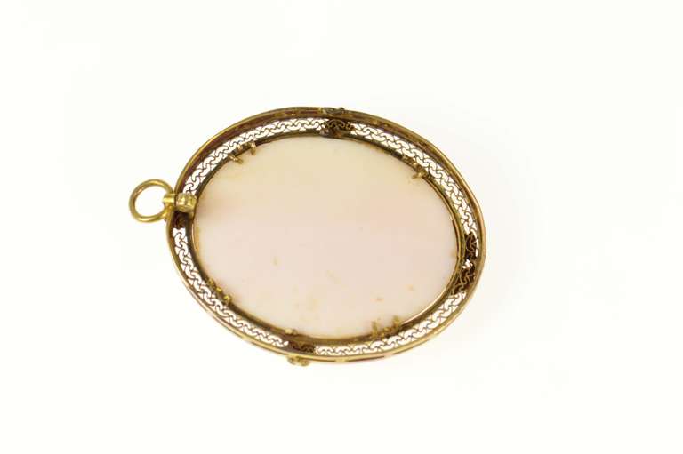 14K Yellow Gold Ornate Carved Shell Lady Cameo Statement Pendant