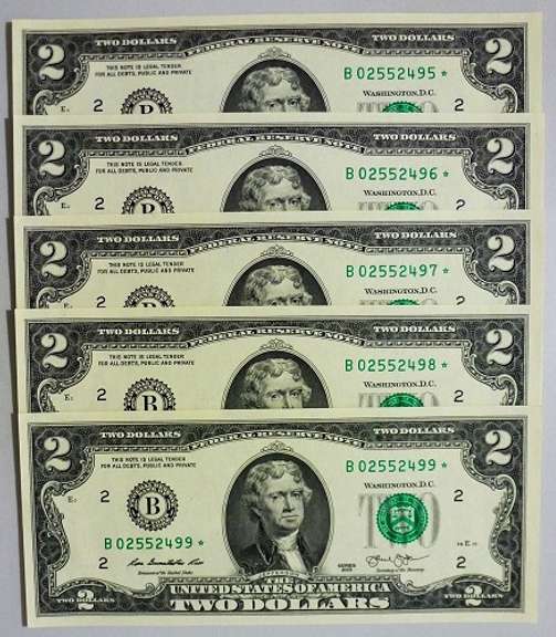(5) Crisp Exceptional 2013 $2 Star Replacement Notes New York-Consecutive!