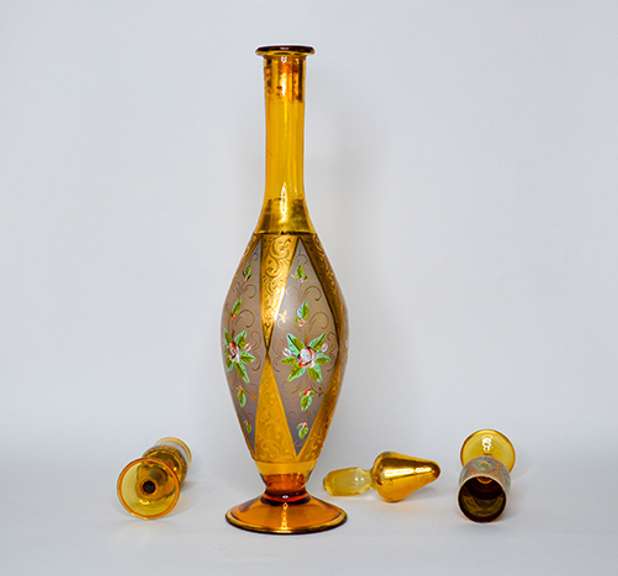 Vintage Italian Hand Painted 18K Gold and Enamel Venetian Crystal Decanter Set With Two Cordial Glasses