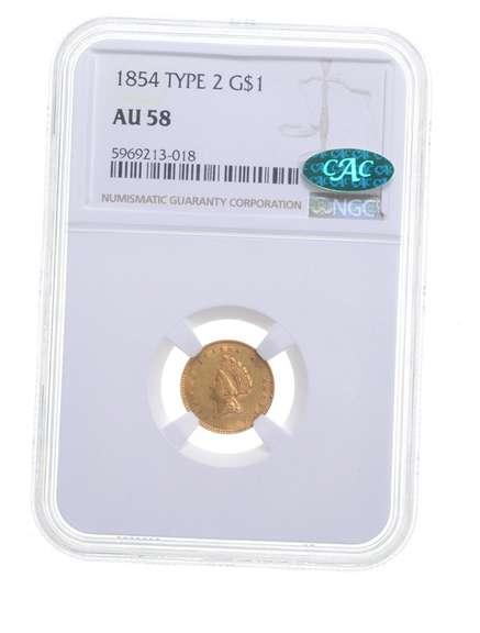AU58 CAC 1854 $1 Indian Princess Head Gold - Type 2 - Graded NGC
