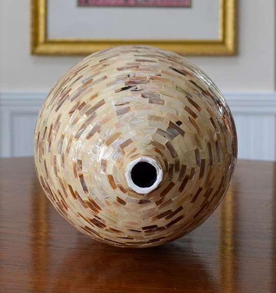 Vintage (1970's) 16.5 Inch Tall Mother of Pearl Inlay Mosaic Cambered Ceramic Bud Vase, Coastal Décor