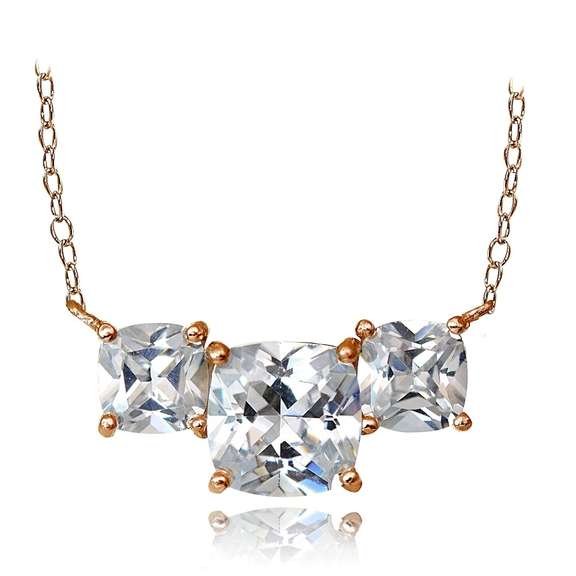 Rose Gold Tone over Sterling Silver 4.5ct Cubic Zirconia Three Stone Cushion-Cut  Necklace