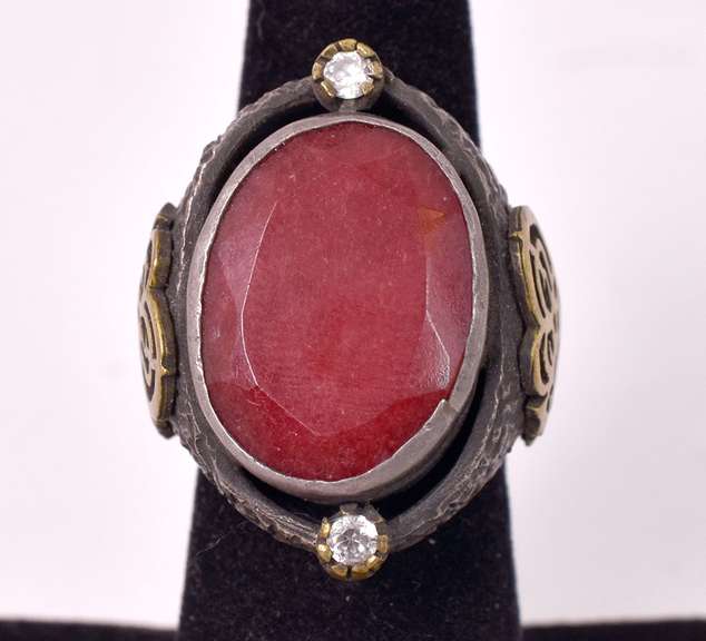 Incredible 11.59CTS Ruby and White Crystal Ring in Sterling Silver