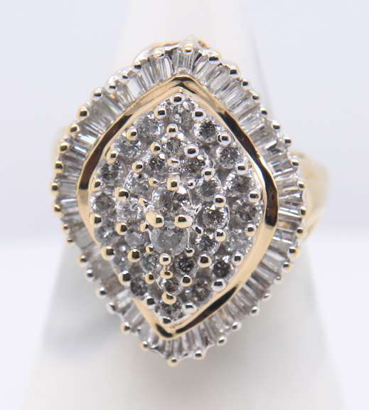 Dazzling Yellow Gold Baguette and RBC Diamond Cluster Ring