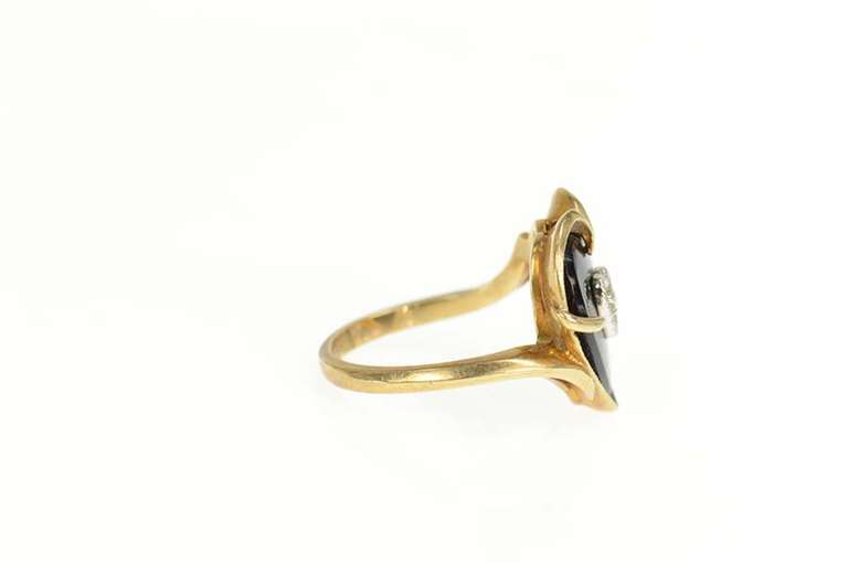 10K Yellow Gold Retro Black Onyx Heart Diamond Love Bypass Ring