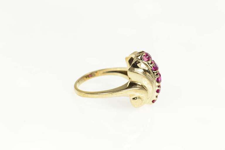 10K Yellow Gold 1930's Ornate Syn. Ruby Scroll Statement Ring