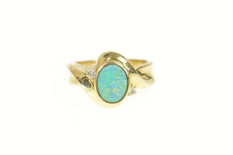 14K Yellow Gold Oval Black Opal Diamond Accent Bypass Ring