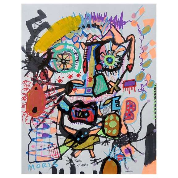 Paul Kostabi, "Conflict With No Tension" Hand Signed Original Painting with Letter of Authenticity.